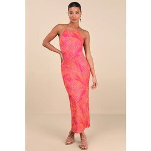 Lulus Camadi Hot Pink Animal Print Mesh Backless Midi Dress Size M NWT